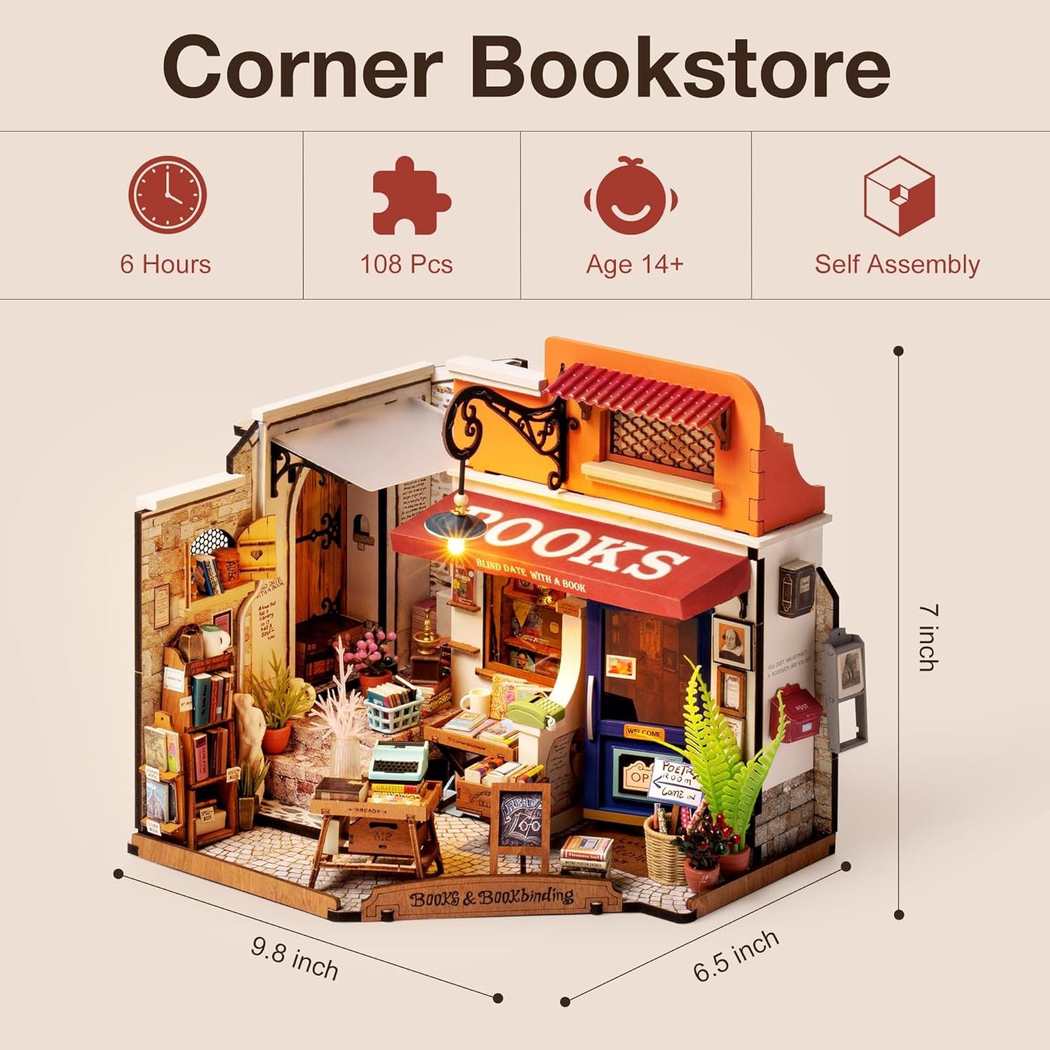 ROBOTIME DIY Miniature House Kit Corner Bookstore