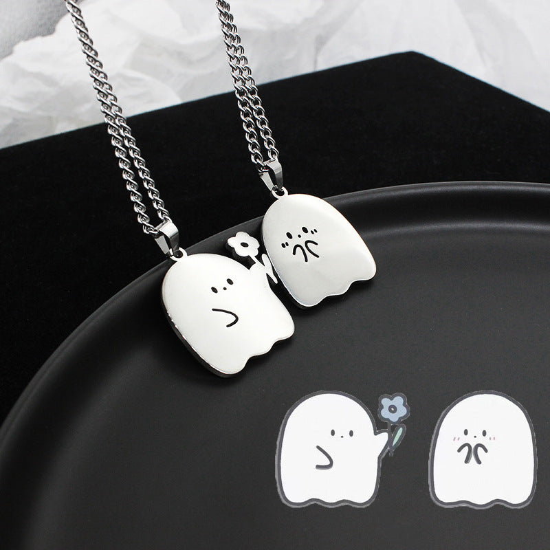 Stainless Steel Cute Ghost Couple Necklace Cat Pendant