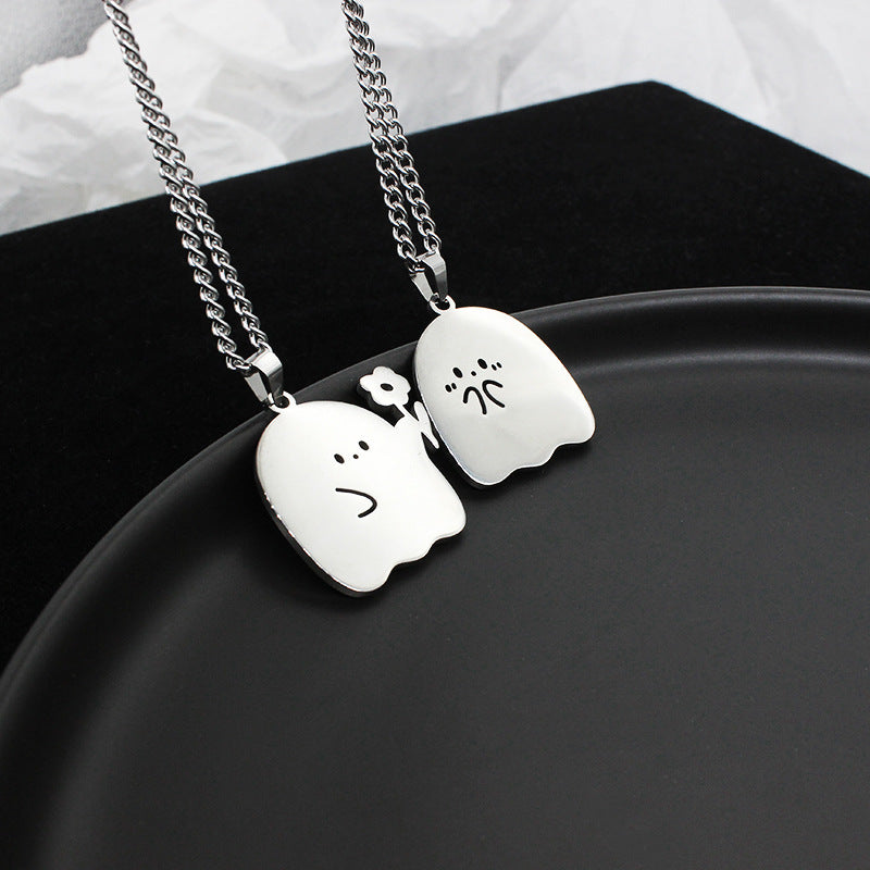 Stainless Steel Cute Ghost Couple Necklace Cat Pendant