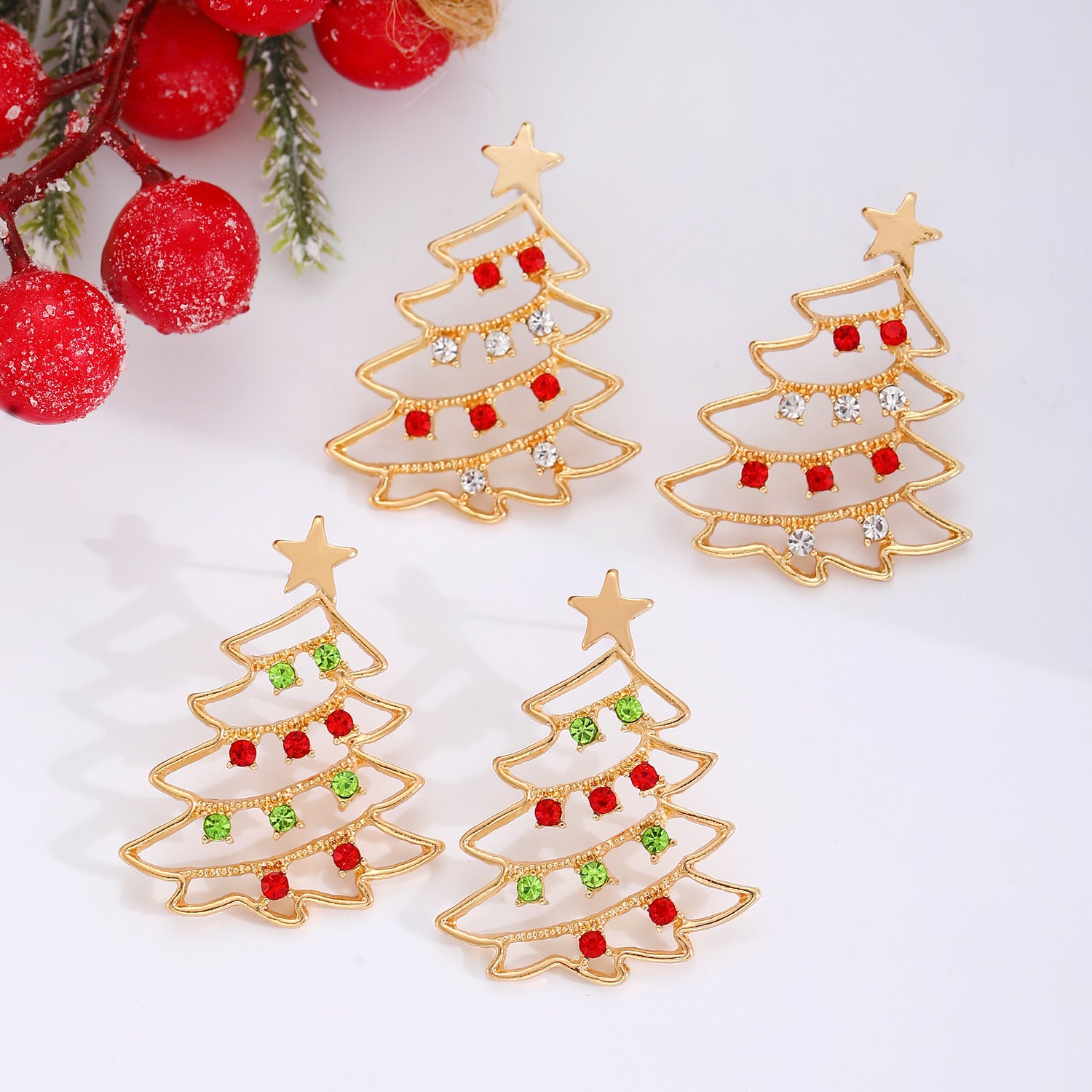 Earrings With Christmas Tree Colorful Zircon
