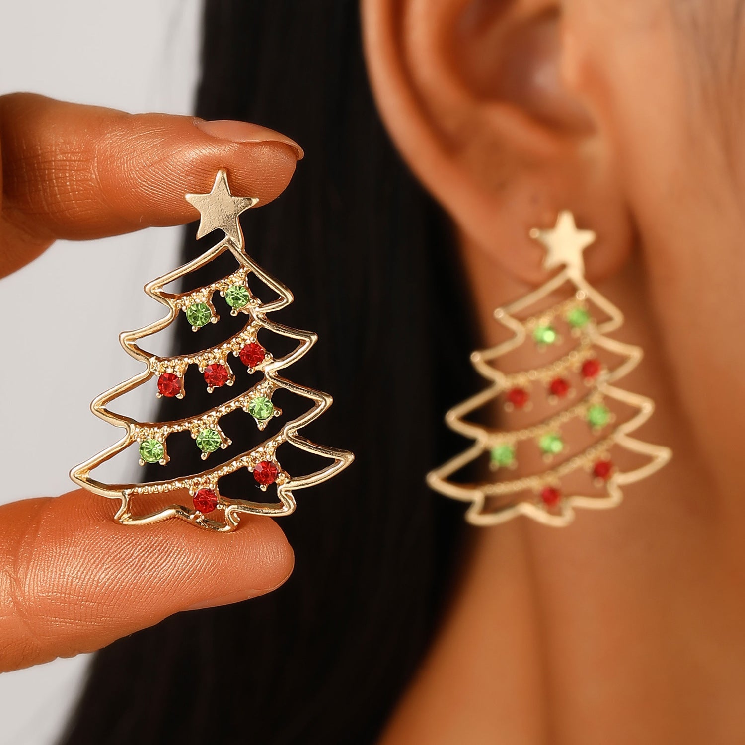 Earrings With Christmas Tree Colorful Zircon