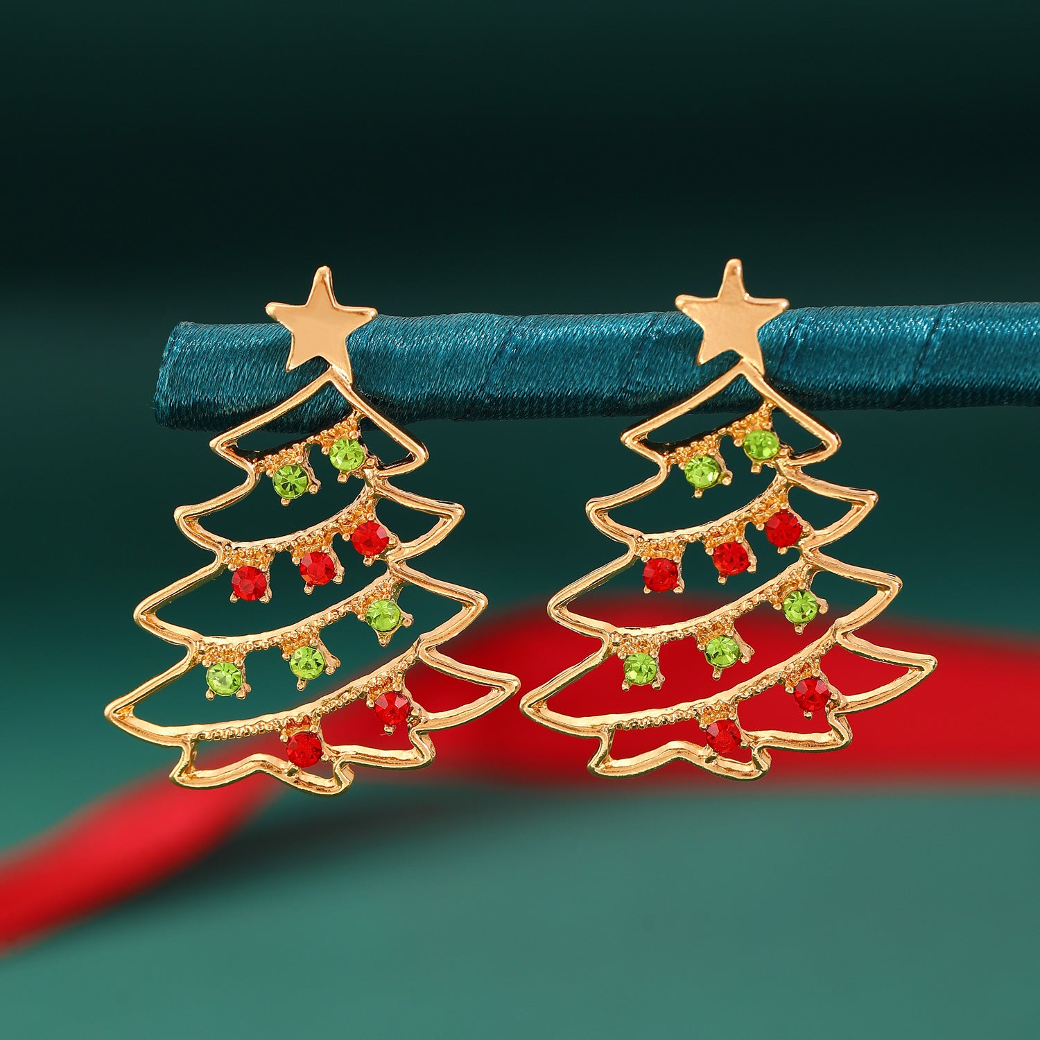 Earrings With Christmas Tree Colorful Zircon