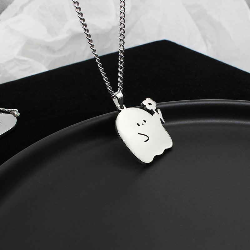 Stainless Steel Cute Ghost Couple Necklace Cat Pendant