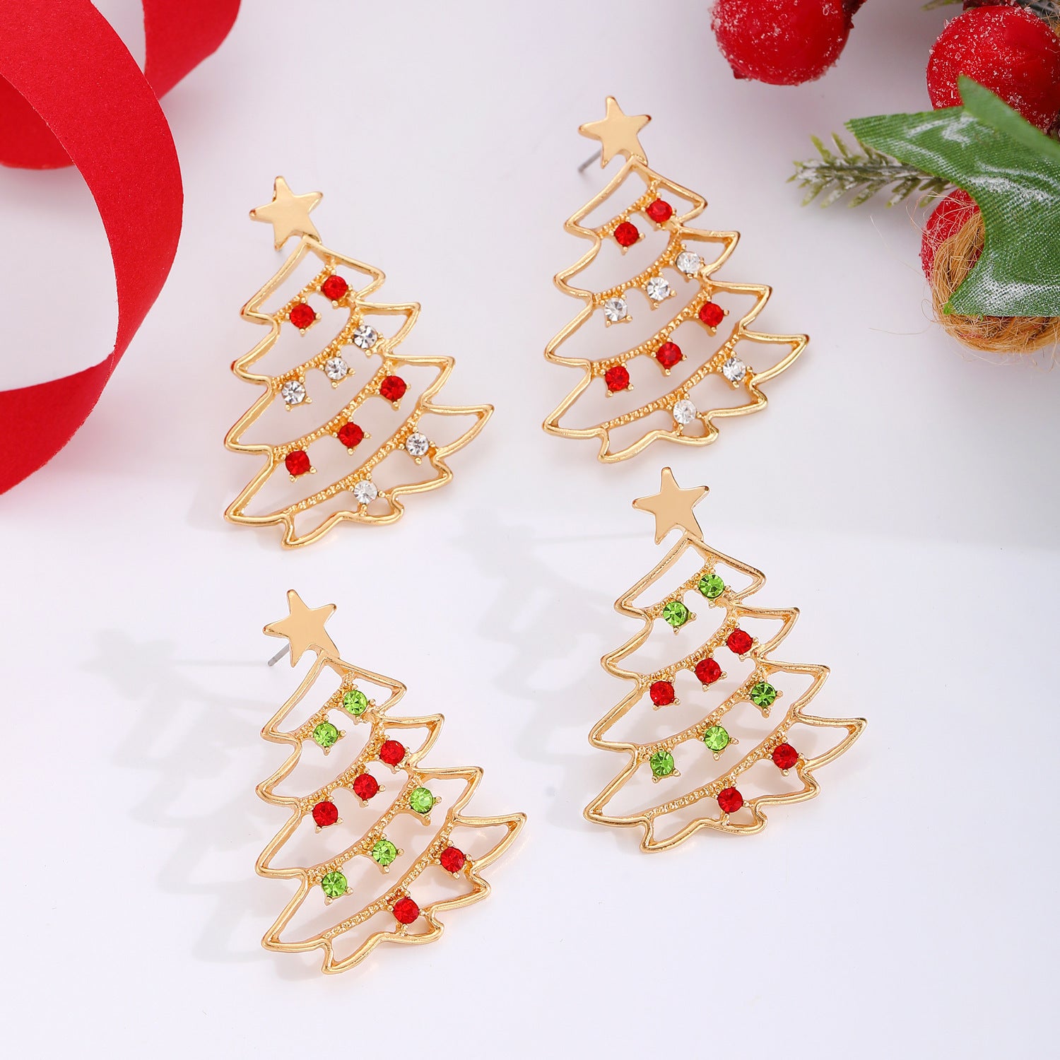 Earrings With Christmas Tree Colorful Zircon